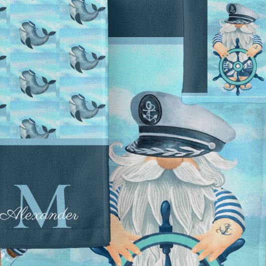Monogram Nautical Captain Gnome Blue White Boy Badhandtuch Set