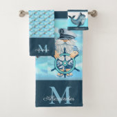 Monogram Nautical Captain in Whale Blue White Boy Badhandtuch Set (Insitu)