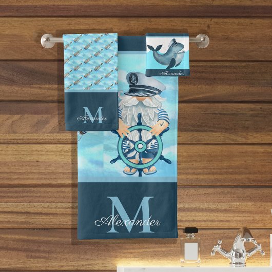 Monogram Nautical Captain in Whale Blue White Boy Badhandtuch Set