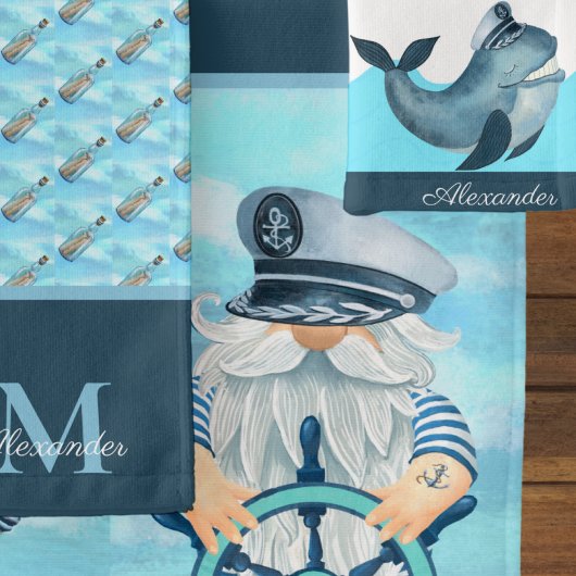 Monogram Nautical Captain in Whale Blue White Boy Badhandtuch Set