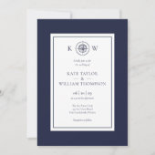 Monogram Nautical Compass Navy Blue Wedding Einladung (Vorderseite)