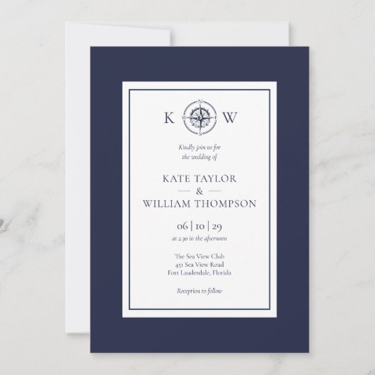 Monogram Nautical Compass Navy Blue Wedding Einladung (Vorderseite)