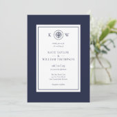 Monogram Nautical Compass Navy Blue Wedding Einladung (Stehend Vorderseite)