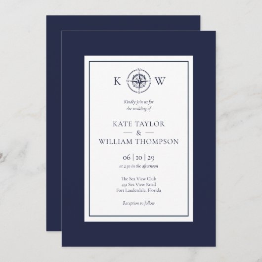 Monogram Nautical Compass Navy Blue Wedding Einladung (Vorne/Hinten)