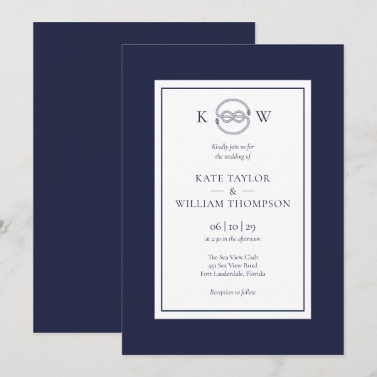 Monogram Nautical Knot Navy Blue Wedding Einladung (Vorne/Hinten)