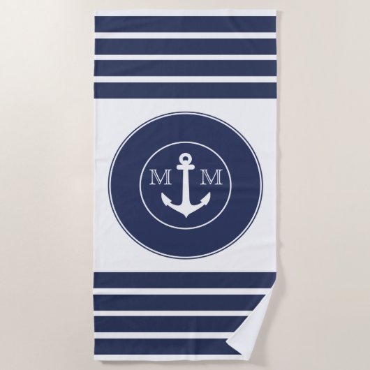Monogram Nautical Modern Navy Blue White Stripes Strandtuch (Vorderseite)