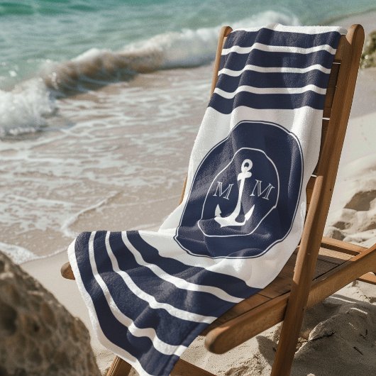 Monogram Nautical Modern Navy Blue White Stripes Strandtuch