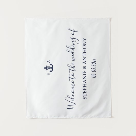 Monogram Nautical Navy Blue Anchor Wedding Wandteppich (Vorderseite)