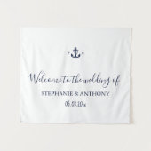 Monogram Nautical Navy Blue Anchor Wedding Wandteppich (Vorderseite (Horizontal))