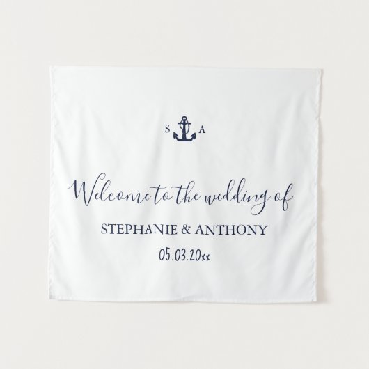 Monogram Nautical Navy Blue Anchor Wedding     Wandteppich (Vorderseite (Horizontal))