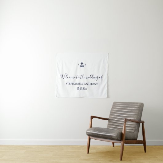 Monogram Nautical Navy Blue Anchor Wedding Wandteppich (Beispiel (Horizontal))