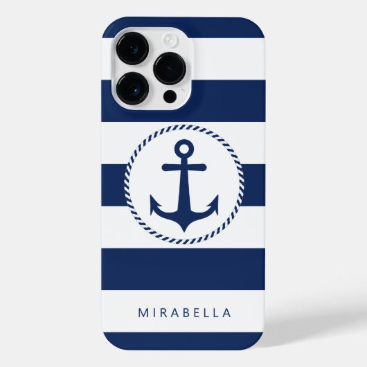 Monogram Nautical Navy White Stripes Anker iPhone Hülle (Rückseite)