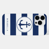 Monogram Nautical Navy White Stripes Anker iPhone Hülle (Rückseite (Horizontal))