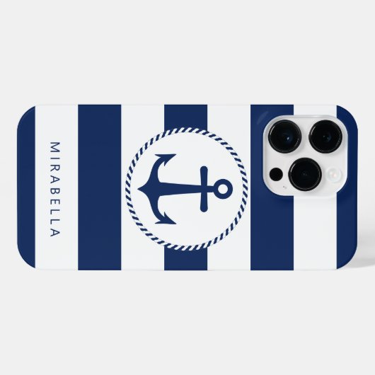 Monogram Nautical Navy White Stripes Anker iPhone Hülle (Rückseite (Horizontal))