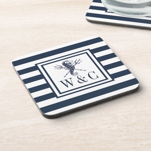 Monogram Nautical Seepferd Navy Blue Strip Getränkeuntersetzer (Linke Seite)