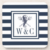 Monogram Nautical Seepferd Navy Blue Strip Getränkeuntersetzer (Vorderseite)