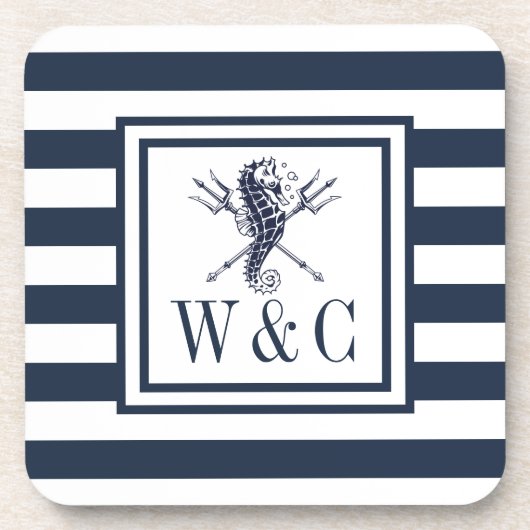 Monogram Nautical Seepferd Navy Blue Strip Getränkeuntersetzer (Vorderseite)