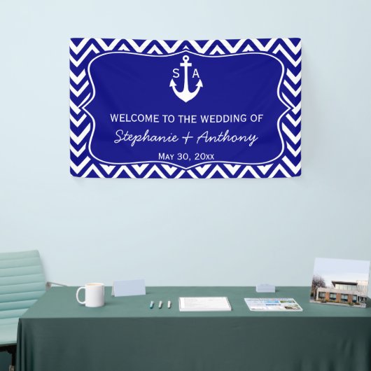 Monogram Navy Blue and White Nautical Wedding Banner (Messeveranstaltung)