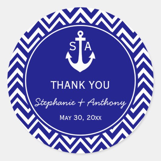 Monogram Navy Blue and White Nautical Wedding Runder Aufkleber (Vorderseite)