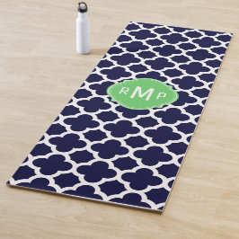 Monogram Navy Blue and White Quatrefoil Pattern Yogamatte
