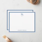 Monogram Navy Blue Border Personalisiert Mitteilungskarte (Vorderseite/Rückseite Beispiel)