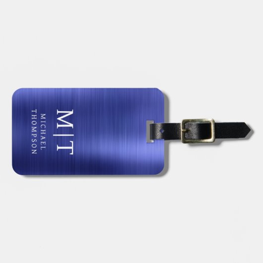 Monogram Navy Blue Brushed Metallic Elegant Gepäckanhänger (Vorderseite horizontal)