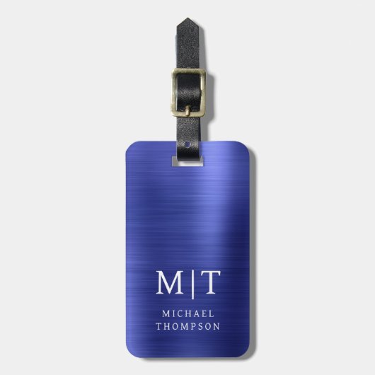 Monogram Navy Blue Brushed Metallic Elegant Gepäckanhänger (Vorderseite vertikal)
