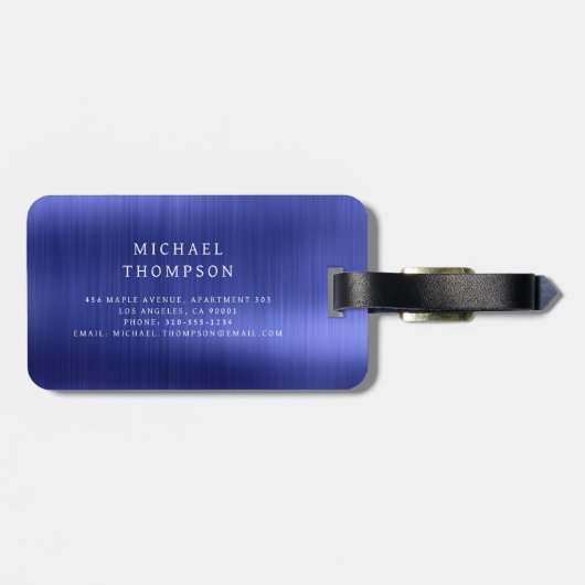 Monogram Navy Blue Brushed Metallic Elegant Gepäckanhänger (Rückseite horizontal)