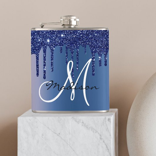 Monogram Navy Blue Drilling Glitzer Tropfen Flachmann