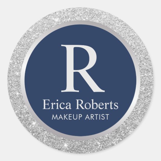 Monogram Navy Blue Elegant Silver Glitzer Runder Aufkleber (Vorderseite)