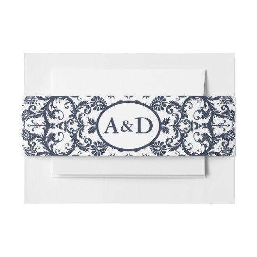 Monogram Navy Blue Floral Damask Einladungsbanderole (Vorderseite Beispiel)