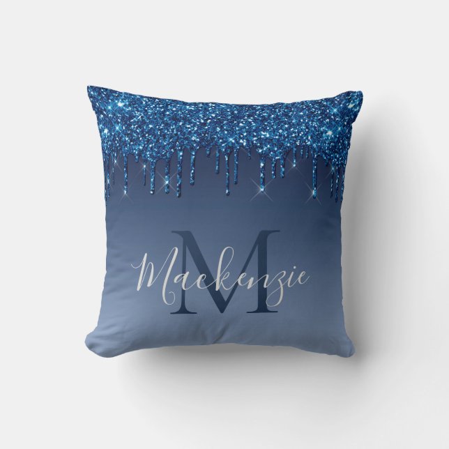Monogram Navy Blue Glitzer Moderner Chic Funkelnd  Kissen (Vorderseite)