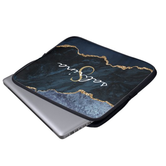 Monogram Navy Blue Gold Agate Geode Laptopschutzhülle (Vorne Knopf)