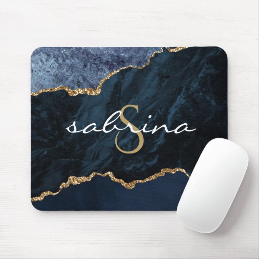 Monogram Navy Blue Gold Agate Geode Mousepad (Mit Mouse)