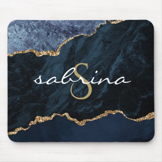 Monogram Navy Blue Gold Agate Geode Mousepad (Vorne)
