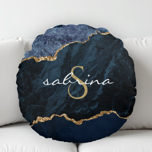 Monogram Navy Blue Gold Agate Geode Rundes Kissen