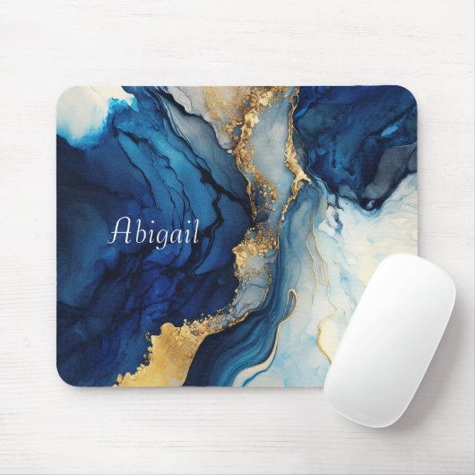 Monogram Navy Blue Gold Agate Marmor Wasserfarbe Mousepad (Mit Mouse)