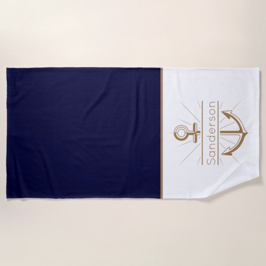 Monogram Navy Blue Gold Anker der Nautic Family Strandtuch (Vorderseite)