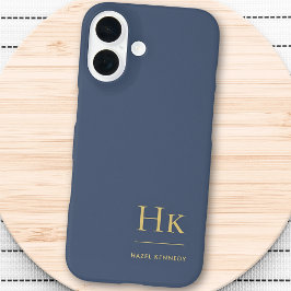 Monogram Navy Blue Gold Beruflich Elegant iPhone 16 Hülle