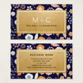 Monogram Navy Blue Gold Blume Business Cards (Vorne & Hinten)