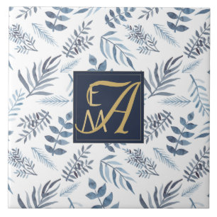 Monogram Navy Blue Gold Botanical Blätter Ferns Fliese