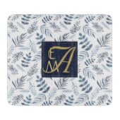 Monogram Navy Blue Gold Botanical Blätter Ferns Schneidebrett (Vorderseite)
