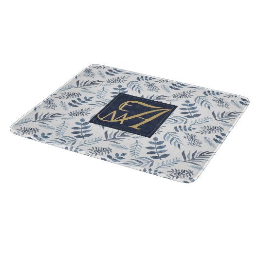 Monogram Navy Blue Gold Botanical Blätter Ferns Schneidebrett (Ecke)