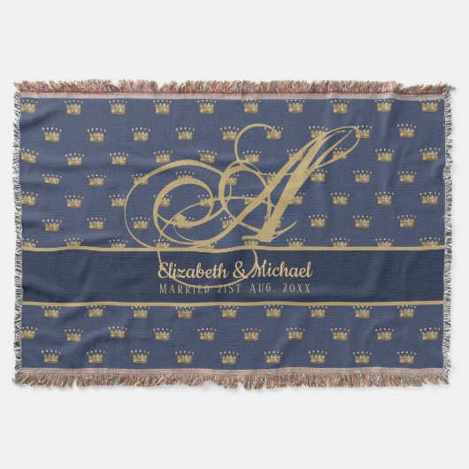 Monogram Navy Blue Gold Crown King Queen NEWLYWEDS Decke (Vorderseite)