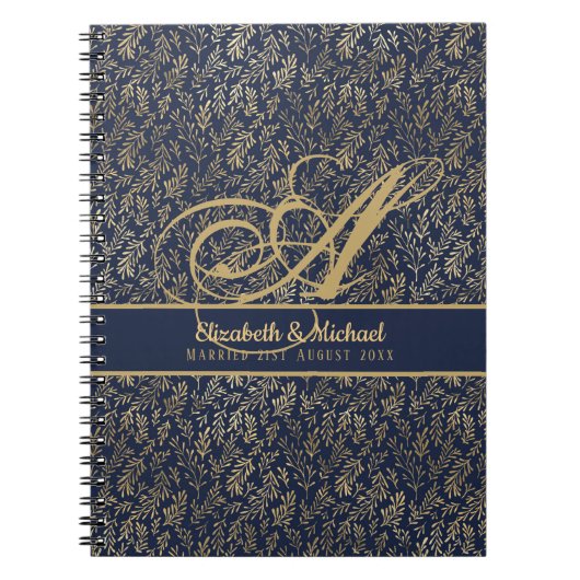 Monogram Navy Blue Gold Leaf Newlyweds Wedding Notizblock (Vorderseite)