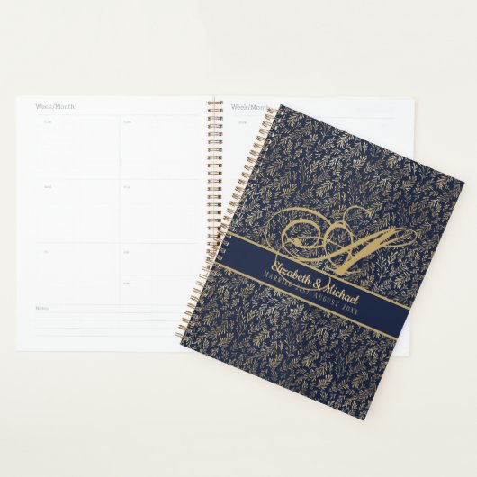 Monogram Navy Blue Gold Leaf Newlyweds Wedding Planer (Anzeige)