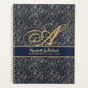Monogram Navy Blue Gold Leaf Newlyweds Wedding Planer