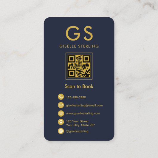 Monogram Navy Blue Gold QR Code für Nageltechniker Visitenkarte (Rückseite)