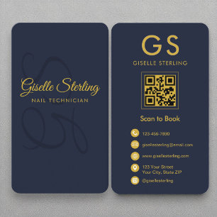 Monogram Navy Blue Gold QR Code für Nageltechniker Visitenkarte