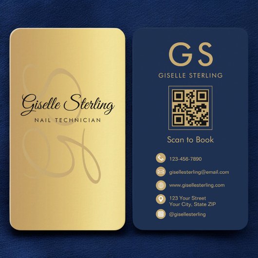 Monogram Navy Blue Gold QR Code für Nageltechniker Visitenkarte